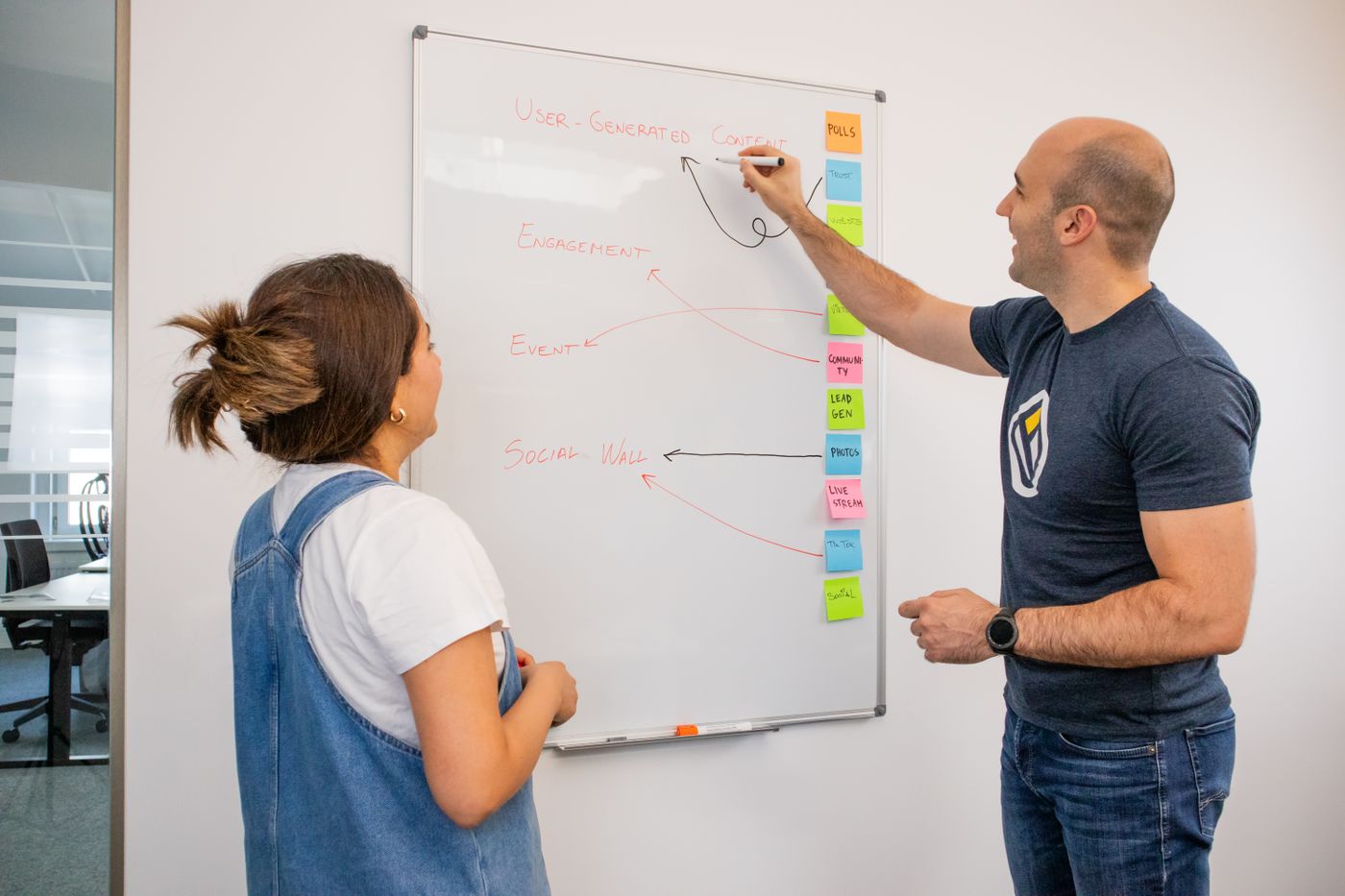 Two entrepreneurs working through ideas at a whiteboard